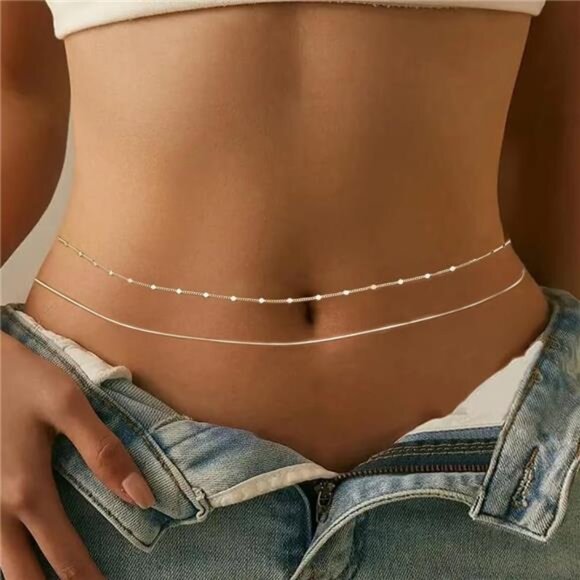 Sleek Silver Belly Chain | Adjustable Beaded Waist Jewelry - Picture 1 of 5
